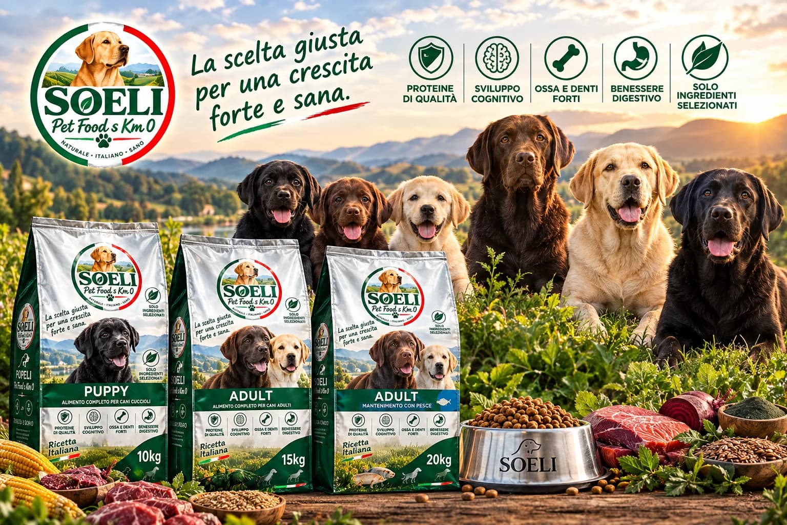 I sacchi SOELI Puppy e Adult da 10, 15 e 20 kg davanti a un gruppo di Labrador neri, chocolate e gialli in un prato
