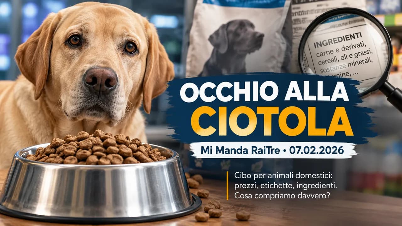 Illustrazione: un Labrador giallo davanti a una ciotola di crocchette, con una lente d'ingrandimento su un elenco di ingredienti e il titolo del servizio televisivo Occhio alla ciotola